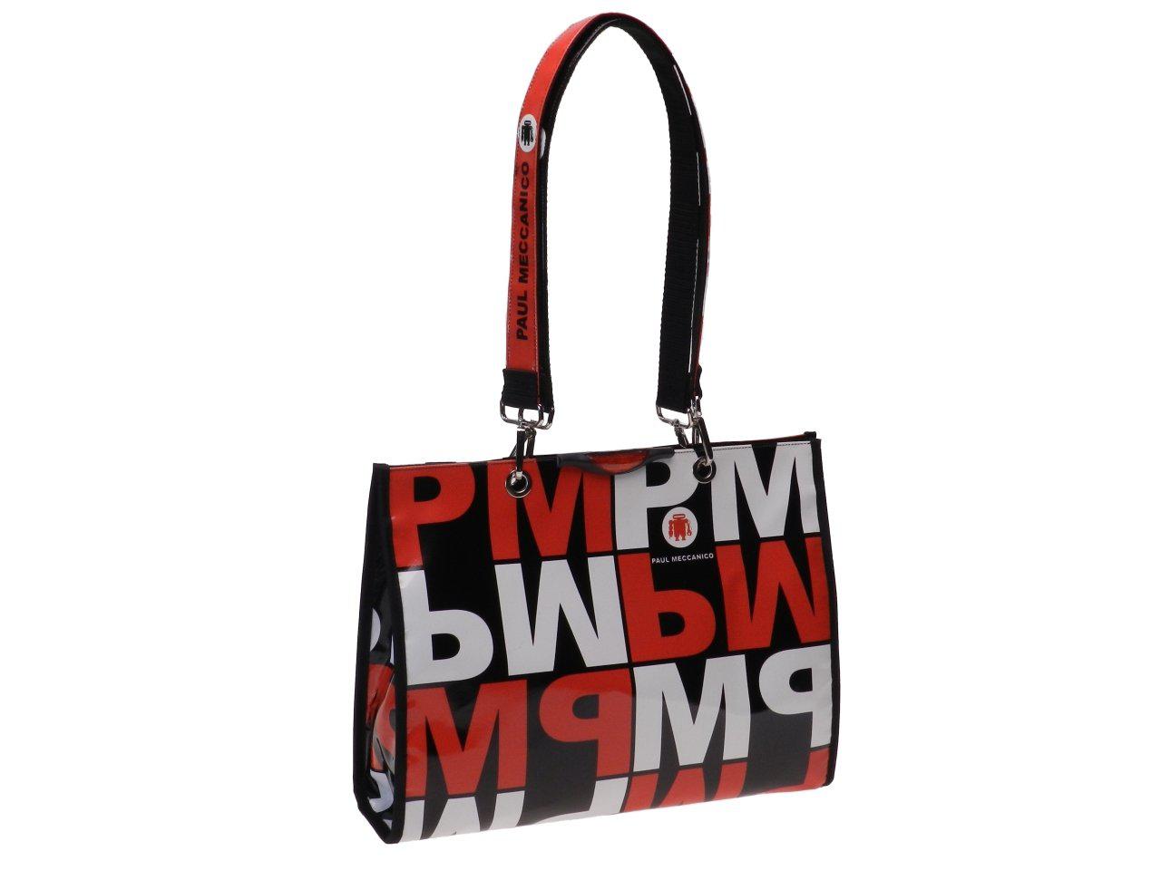 SHOPPER BAG BLACK COLOUR WITH LETTERING FANTASY RED AND WHITE. PEPE MODEL MADE OF LORRY TARPAULIN. - Unique Pieces Paul Meccanico