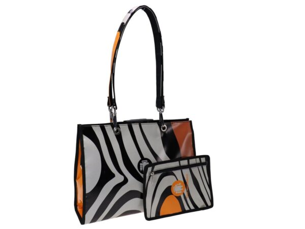 SHOPPER BAG BLACK, ORANGE AND BEIGE COLOURS ANIMALIER FANTASY. PEPE MODEL MADE OF LORRY TARPAULIN. - Unique Pieces Paul Meccanico