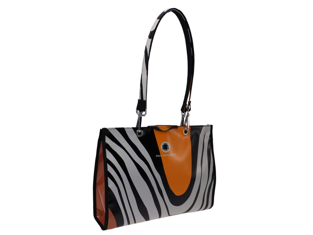 SHOPPER BAG BLACK, ORANGE AND BEIGE COLOURS ANIMALIER FANTASY. PEPE MODEL MADE OF LORRY TARPAULIN. - Unique Pieces Paul Meccanico