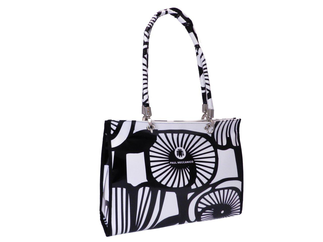 SHOPPER BAG BLACK & WHITE COLOURS FLORAL FANTASY. PEPE MODEL MADE OF LORRY TARPAULIN. - Unique Pieces Paul Meccanico