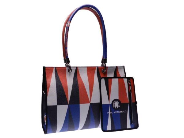 SHOPPER BAG BLACK, WHITE, RED AND BLUE COLORS MADE OF HAMMERED FAUX LEATHER. PEPE MODEL GEOMETRIC FANTASY. - Unique Pieces Paul Meccanico