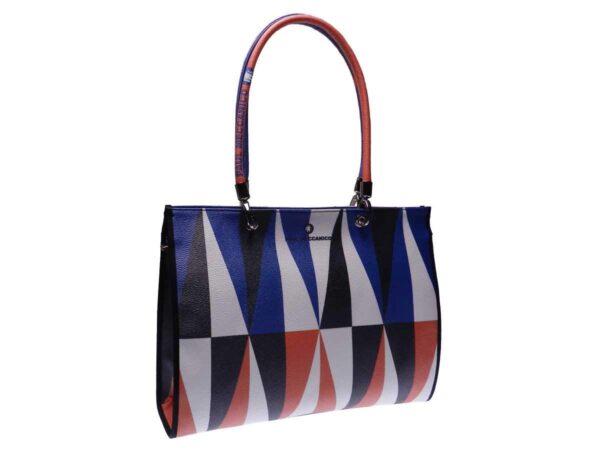 SHOPPER BAG BLACK, WHITE, RED AND BLUE COLORS MADE OF HAMMERED FAUX LEATHER. PEPE MODEL GEOMETRIC FANTASY. - Unique Pieces Paul Meccanico
