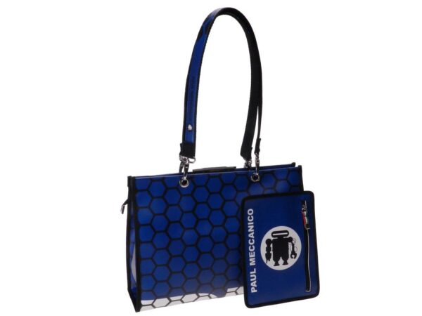 SHOPPER BAG BLUE AND BLACK COLOURS WITH GEOMETRIC FANTASY. PEPE MODEL MADE OF POLYURETHANE. - Unique Pieces Paul Meccanico