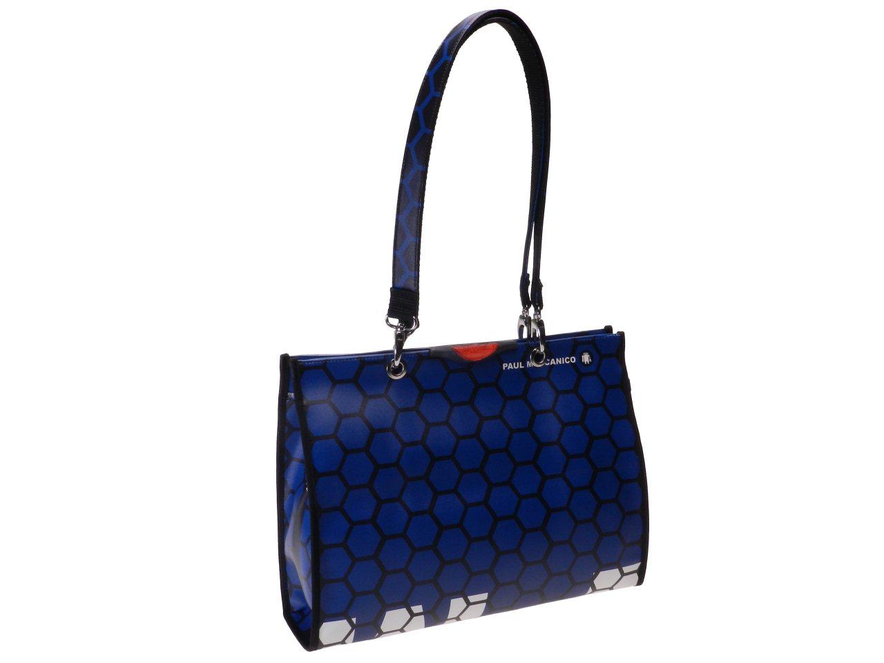 SHOPPER BAG BLUE AND BLACK COLOURS WITH GEOMETRIC FANTASY. PEPE MODEL MADE OF POLYURETHANE. - Unique Pieces Paul Meccanico