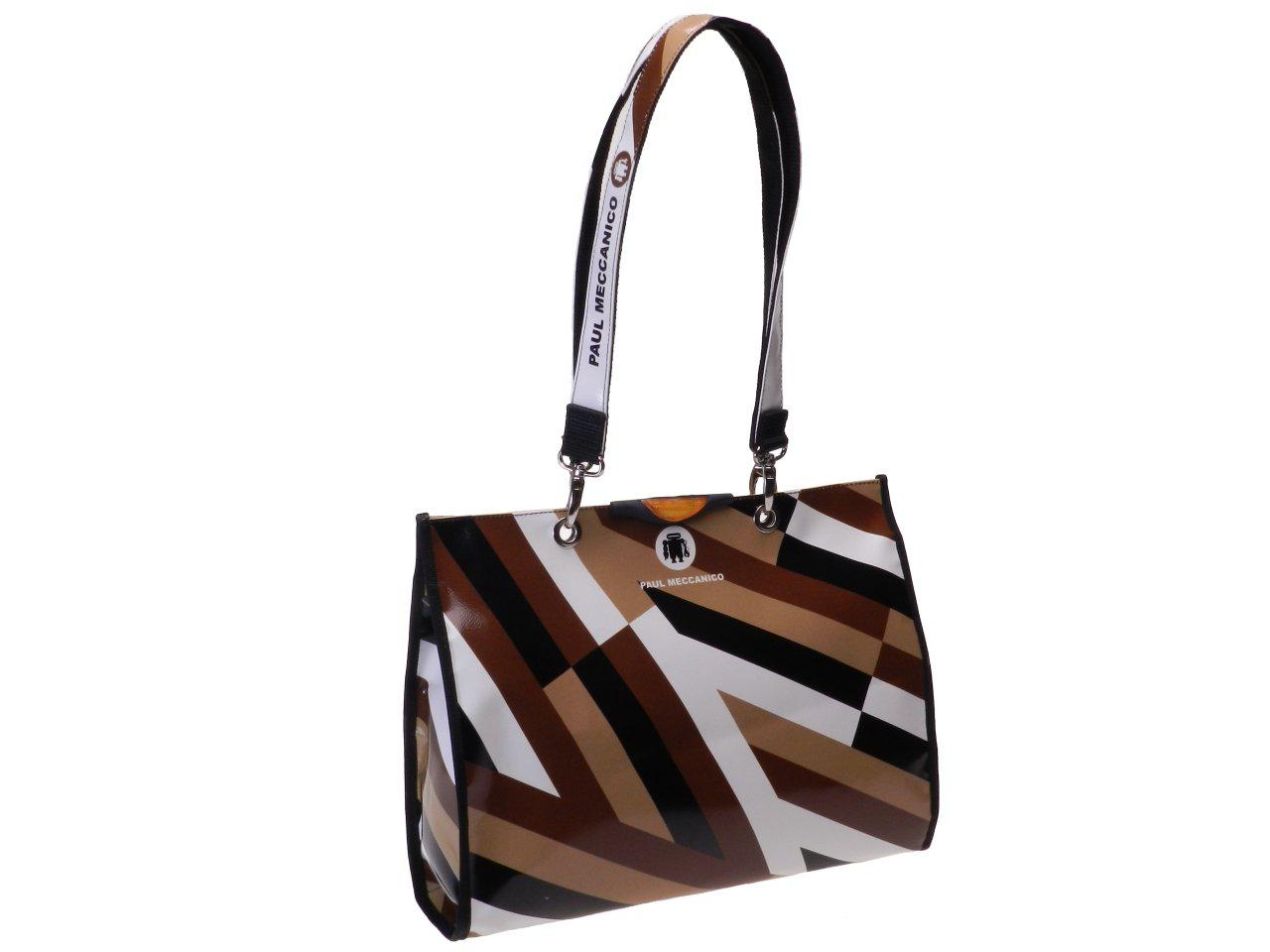 SHOPPER BAG BROWN, WHITE, BEIGE AND BLACK COLOURS. PEPE MODEL MADE OF LORRY TARPAULIN. - Unique Pieces Paul Meccanico