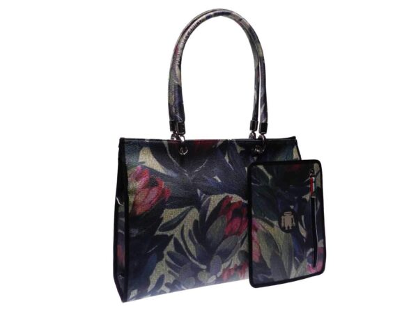 SHOPPER BAG CANVAS EFFECT MADE OF HAMMERED FAUX LEATHER. PEPE MODEL FLORAL FANTASY GREEN AND BEIGE COLOURS. - Unique Pieces Paul Meccanico