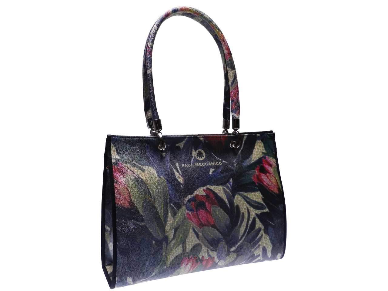 SHOPPER BAG CANVAS EFFECT MADE OF HAMMERED FAUX LEATHER. PEPE MODEL FLORAL FANTASY GREEN AND BEIGE COLOURS. - Unique Pieces Paul Meccanico