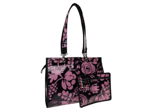 SHOPPER BAG FLORAL FANTASY MADE OF LORRY TARPAULIN. PEPE MODEL BLACK AND PINK COLOURS. - Unique Pieces Paul Meccanico