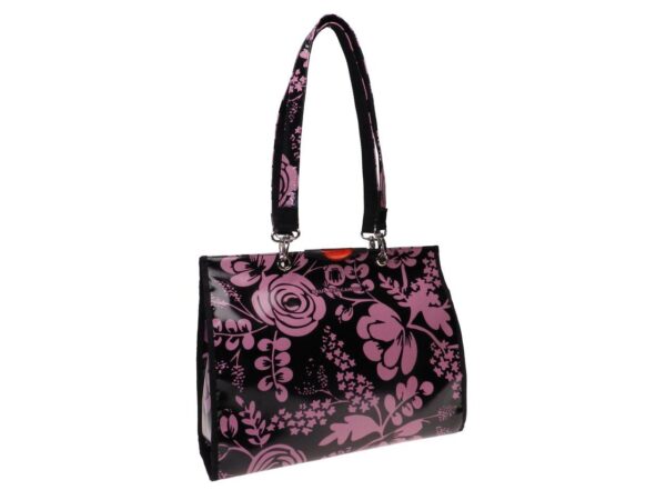 SHOPPER BAG FLORAL FANTASY MADE OF LORRY TARPAULIN. PEPE MODEL BLACK AND PINK COLOURS. - Unique Pieces Paul Meccanico