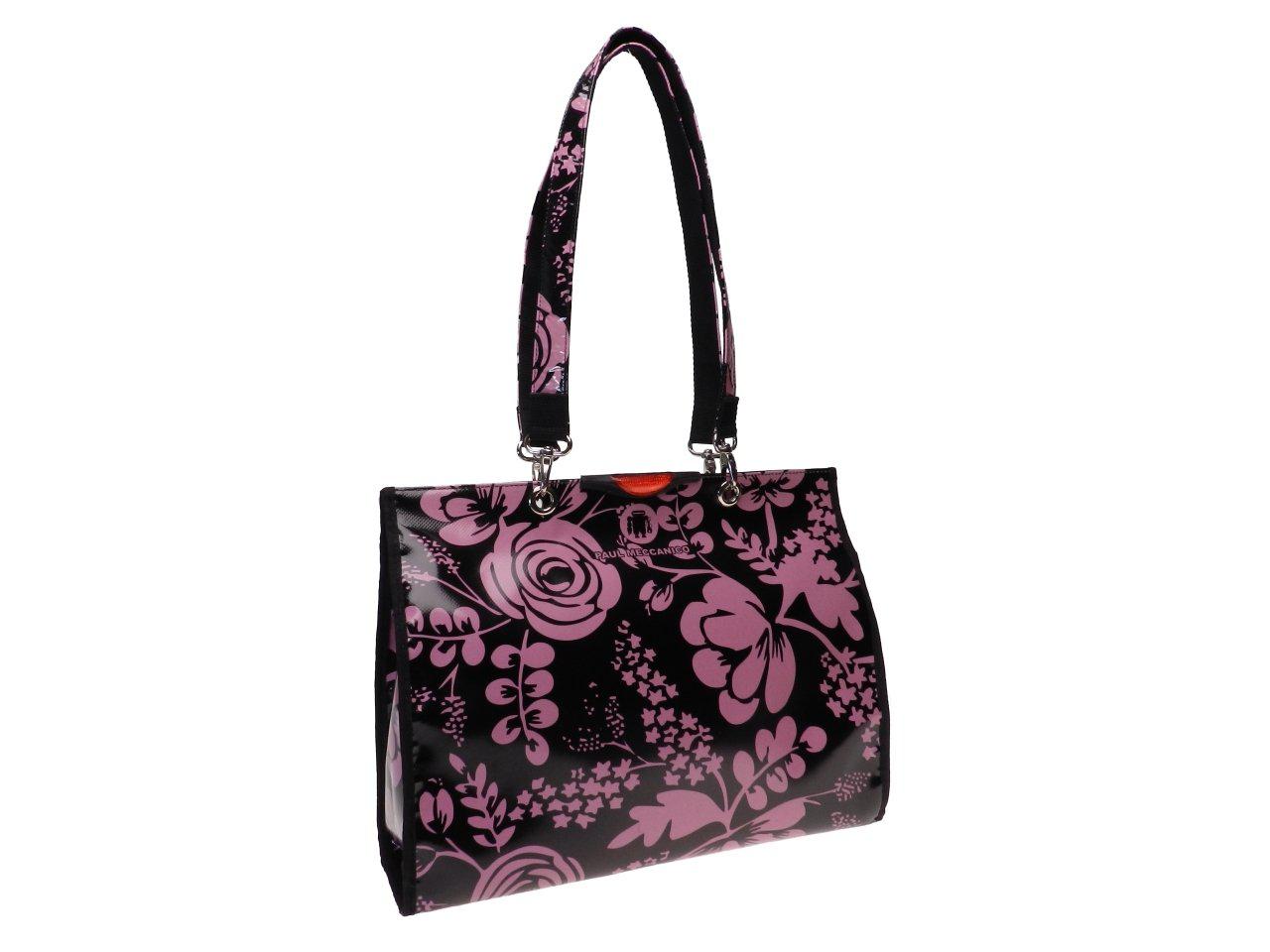 SHOPPER BAG FLORAL FANTASY MADE OF LORRY TARPAULIN. PEPE MODEL BLACK AND PINK COLOURS. - Unique Pieces Paul Meccanico