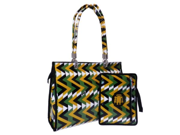 SHOPPER BAG GEOMETRIC FANTASY MADE OF LORRY TARPAULIN. PEPE MODEL MUSTARD, GREEN, BLACK AND WHITE COLOURS. - Unique Pieces Paul Meccanico