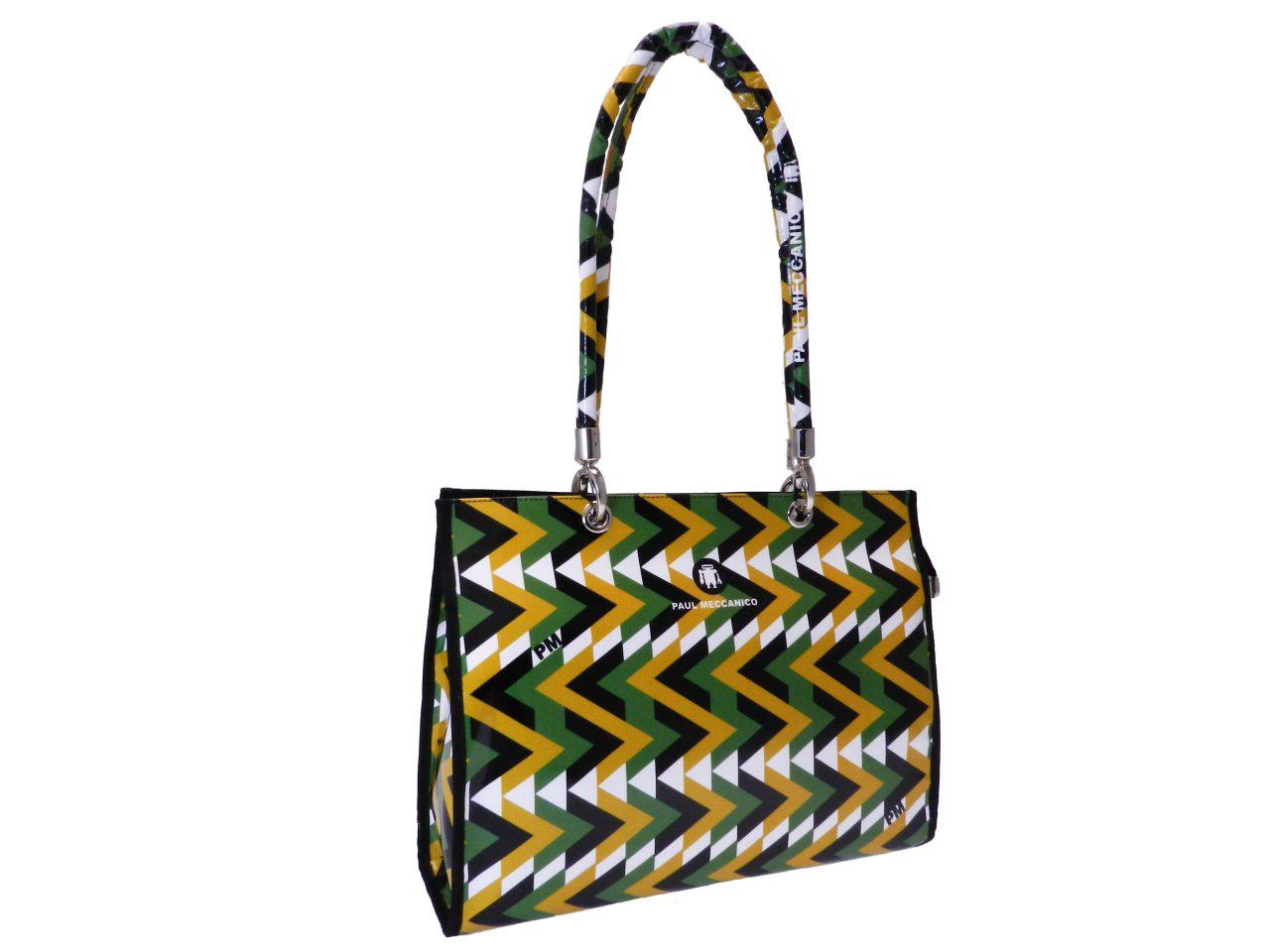 SHOPPER BAG GEOMETRIC FANTASY MADE OF LORRY TARPAULIN. PEPE MODEL MUSTARD, GREEN, BLACK AND WHITE COLOURS. - Unique Pieces Paul Meccanico