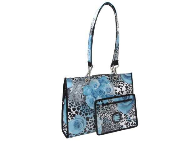 SHOPPER BAG LIGHT BLUE COLOUR WITH ANIMALIER PRINT AND FLOWERS. PEPE MODEL MADE OF LORRY TARPAULIN. - Unique Pieces Paul Meccanico