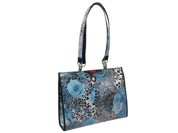 SHOPPER BAG LIGHT BLUE COLOUR WITH ANIMALIER PRINT AND FLOWERS. PEPE MODEL MADE OF LORRY TARPAULIN. - Unique Pieces Paul Meccanico
