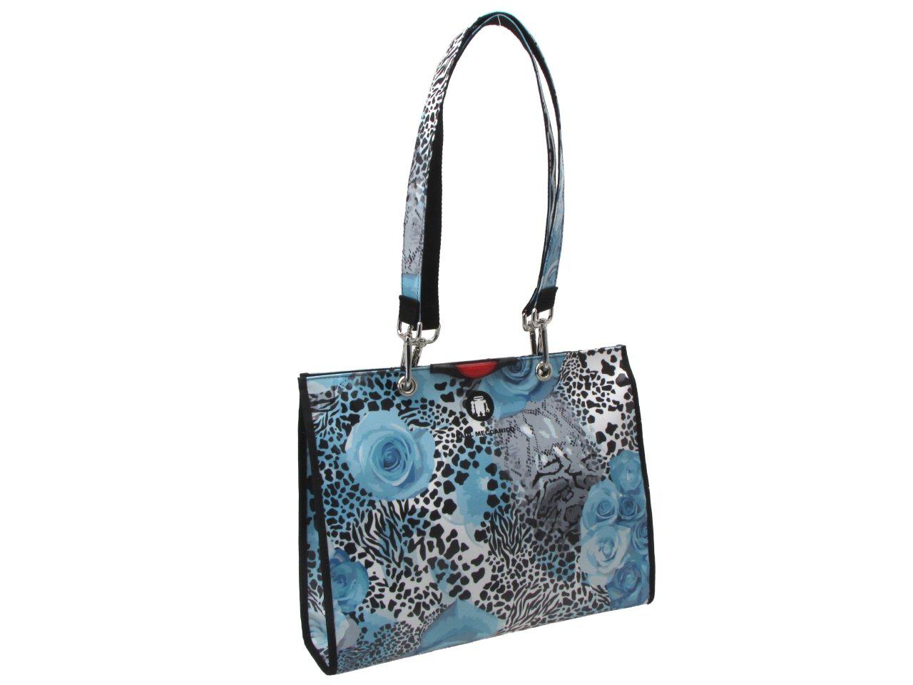 SHOPPER BAG LIGHT BLUE COLOUR WITH ANIMALIER PRINT AND FLOWERS. PEPE MODEL MADE OF LORRY TARPAULIN. - Unique Pieces Paul Meccanico