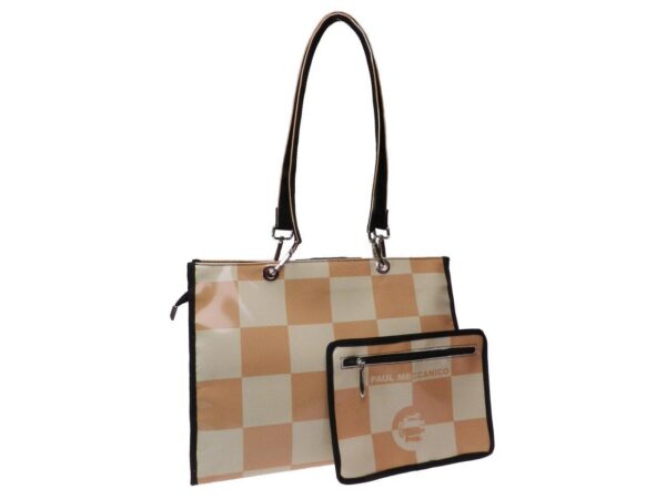 LIGHT BROWN AND BEIGE CHECKERED SHOPPER. MODEL PEPE MADE OF LORRY TARPAULIN. - Unique Pieces Paul Meccanico