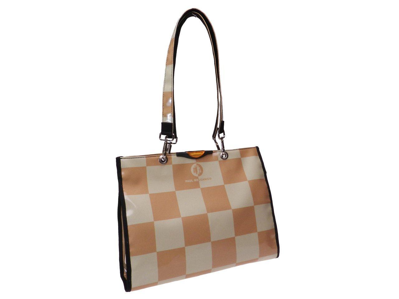 LIGHT BROWN AND BEIGE CHECKERED SHOPPER. MODEL PEPE MADE OF LORRY TARPAULIN. - Unique Pieces Paul Meccanico