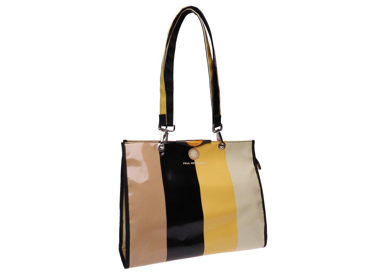 SHOPPER BAG LIGHT BROWN, BLACK, YELLOW AND BEIGE COLOURS GEOMETRIC FANTASY. PEPE MODEL MADE OF LORRY TARPAULIN. - Unique Pieces Paul Meccanico