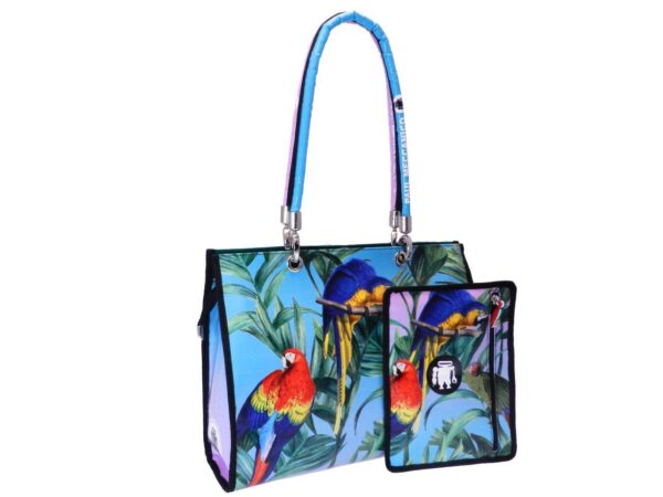 SHOPPER BAG LILAC AND LIGHT BLUE COLOURS MADE OF LORRY TARPAULIN. PEPE MODEL PATTERN PARROTS. - Unique Pieces Paul Meccanico