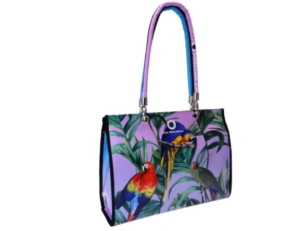 SHOPPER BAG LILAC AND LIGHT BLUE COLOURS MADE OF LORRY TARPAULIN. PEPE MODEL PATTERN PARROTS. - Unique Pieces Paul Meccanico