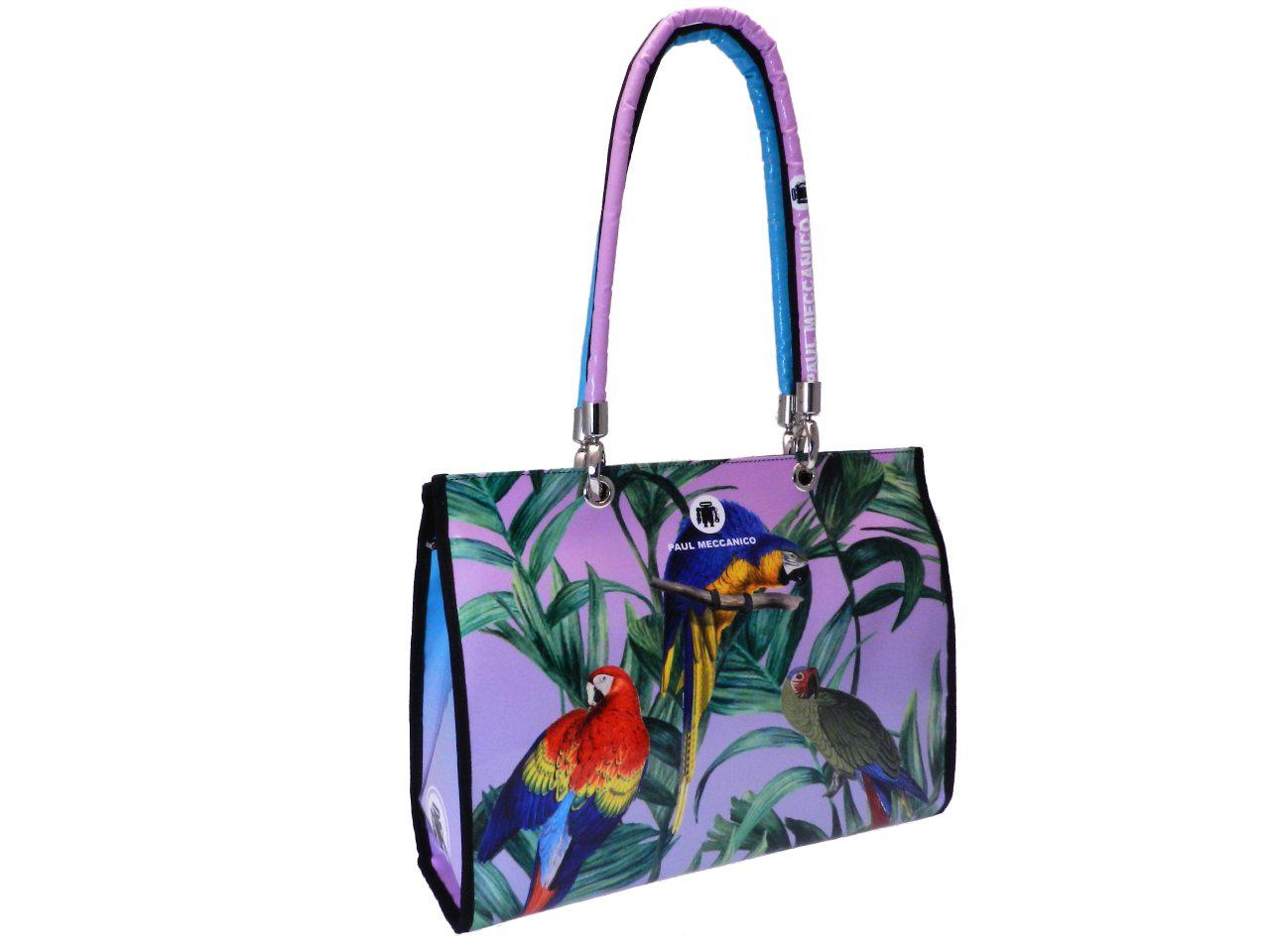 SHOPPER BAG LILAC AND LIGHT BLUE COLOURS MADE OF LORRY TARPAULIN. PEPE MODEL PATTERN PARROTS. - Unique Pieces Paul Meccanico