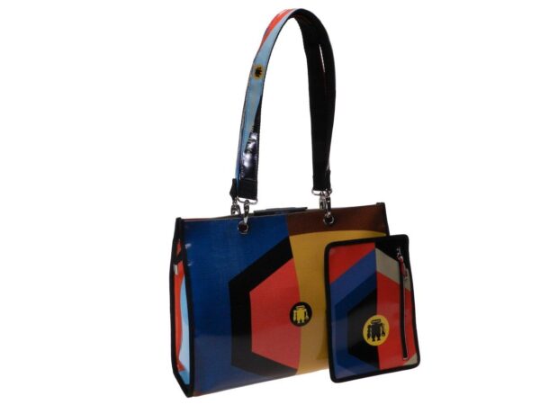 SHOPPER BAG MULTICOLOR GEOMETRIC FANTASY. PEPE MODEL MADE OF LORRY TARPAULIN. - Unique Pieces Paul Meccanico