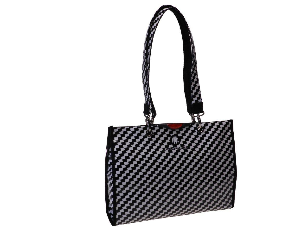 SHOPPER BAG OPTICAL BLACK AND WHITE. PEPE MODEL MADE OF LORRY TARPAULIN. - Unique Pieces Paul Meccanico