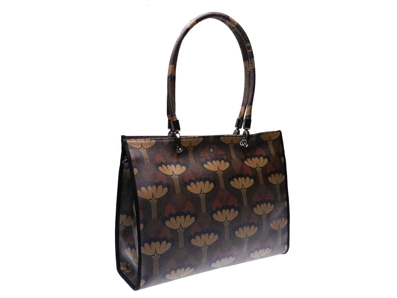 SHOPPER BAG PAUL MECCANICO BROWN, BLACK AND BEIGE COLOURS. PEPE MODEL MADE OF HAMMERED FAUX LEATHER WITH FLORAL FANTASY. - Unique Pieces Paul Meccanico