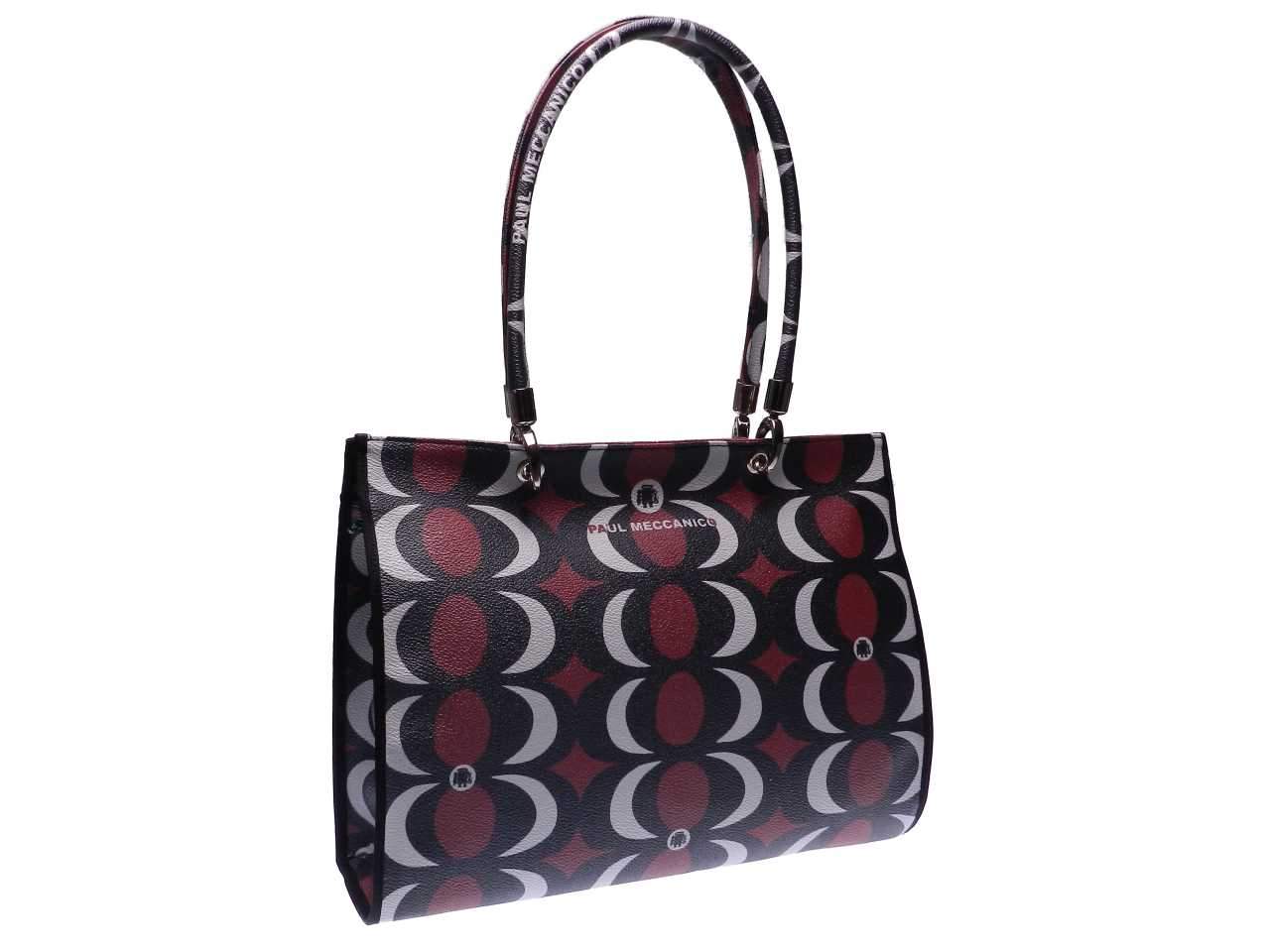 SHOPPER BAG PAUL MECCANICO MADE OF HAMMERED FAUX LEATHER. PEPE MODEL GEOMETRIC FANTASY BLACK, WHITE AND RED COLORS. - Unique Pieces Paul Meccanico