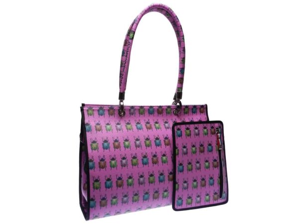 SHOPPER BAG PAUL MECCANICO MADE OF HAMMERED FAUX LEATHER. PEPE MODEL PINK COLOR PRINT INSECTS. - Unique Pieces Paul Meccanico