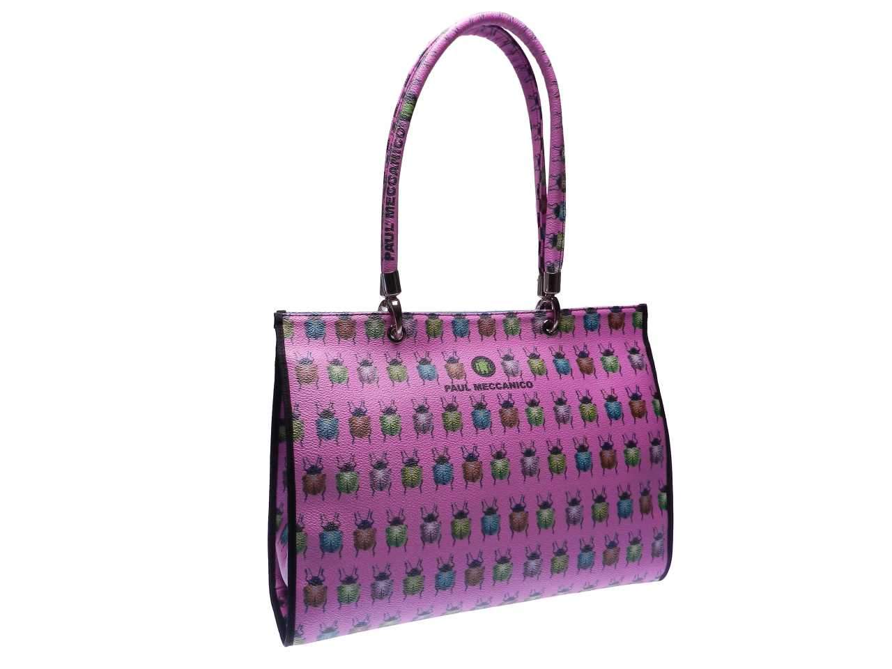 SHOPPER BAG PAUL MECCANICO MADE OF HAMMERED FAUX LEATHER. PEPE MODEL PINK COLOR PRINT INSECTS. - Unique Pieces Paul Meccanico