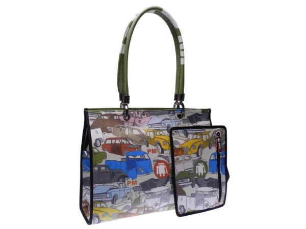 SHOPPER BAG PAUL MECCANICO MADE OF HAMMERED FAUX LEATHER. PEPE MODEL WITH CARS PRINT. - Unique Pieces Paul Meccanico