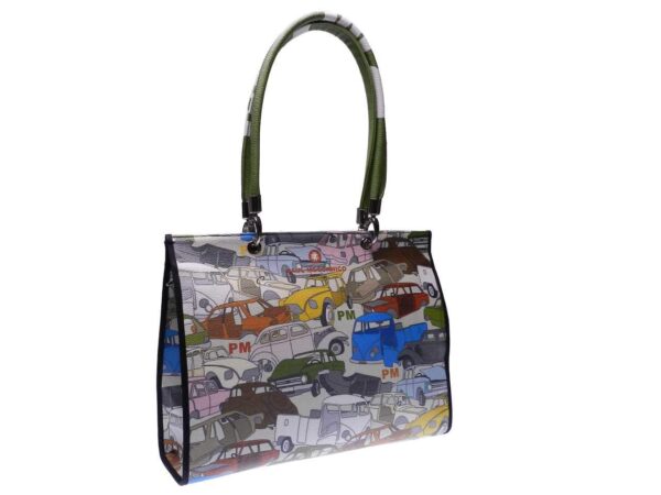 SHOPPER BAG PAUL MECCANICO MADE OF HAMMERED FAUX LEATHER. PEPE MODEL WITH CARS PRINT. - Unique Pieces Paul Meccanico