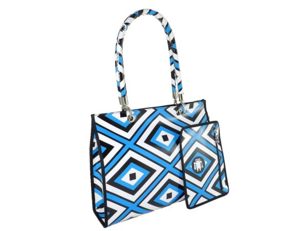 SHOPPER BAG PAUL MECCANICO. MODEL PEPE LIGHT BLUE, WHITE AND BLACK COLOURS WITH GEOMETRIC FANTASY. - Unique Pieces Paul Meccanico
