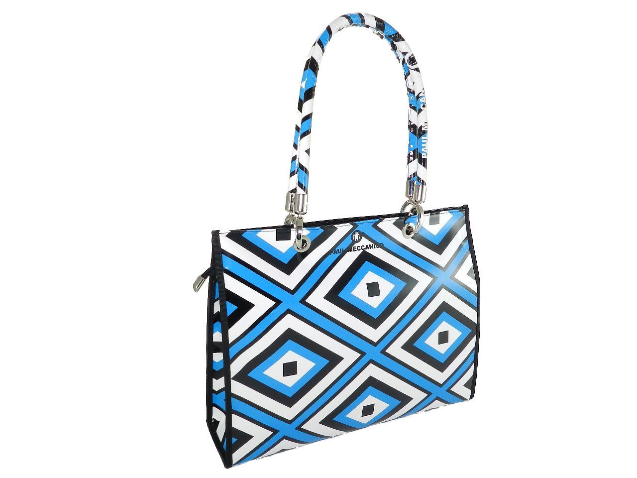SHOPPER BAG PAUL MECCANICO. MODEL PEPE LIGHT BLUE, WHITE AND BLACK COLOURS WITH GEOMETRIC FANTASY. - Unique Pieces Paul Meccanico