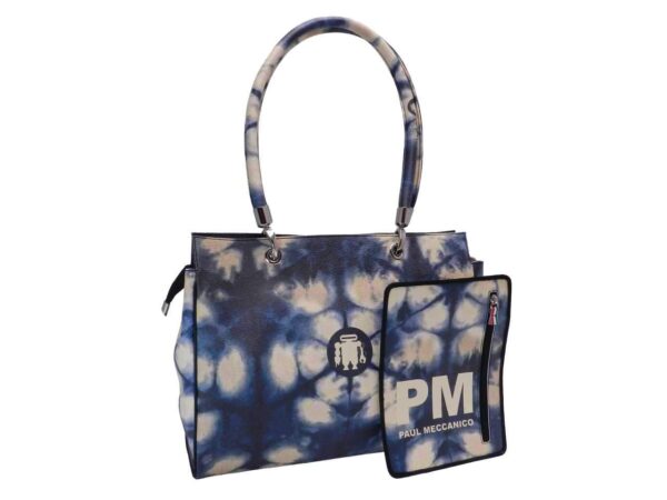 SHOPPER BAG PAUL MECCANICO TIE DYE FANTASY. PEPE MODEL BLUE AND OFF WHITE COLOURS MADE OF HAMMERED FAUX LEATHER. - Unique Pieces Paul Meccanico