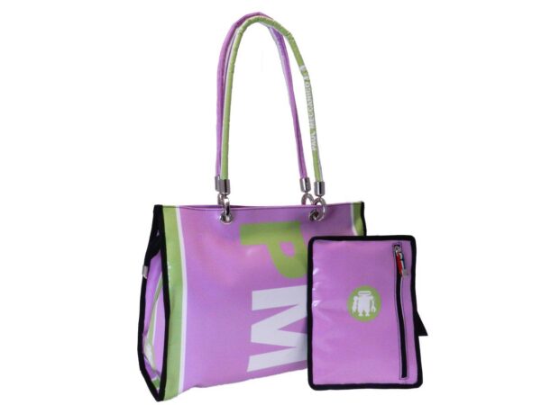 SHOPPER BAG PINK AND GREEN COLOURS. PEPE MODEL MADE OF LORRY TARPAULIN. - Unique Pieces Paul Meccanico