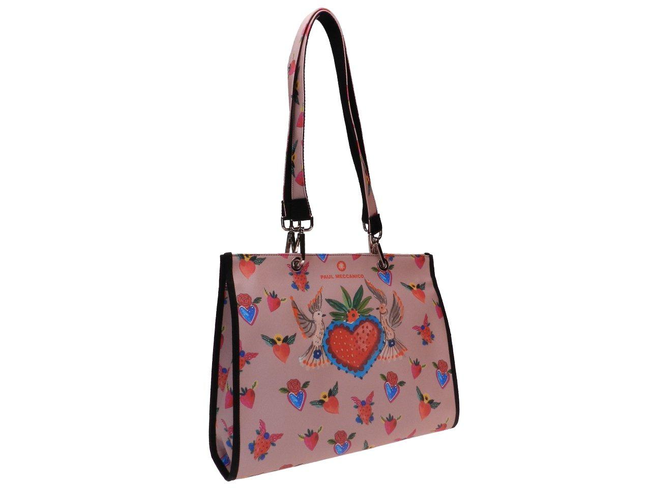 SHOPPER BAG PINK COLOUR WITH HEARTS PRINT. PEPE MODEL MADE OF SOFT SYNTHETIC LEATHER. - Unique Pieces Paul Meccanico