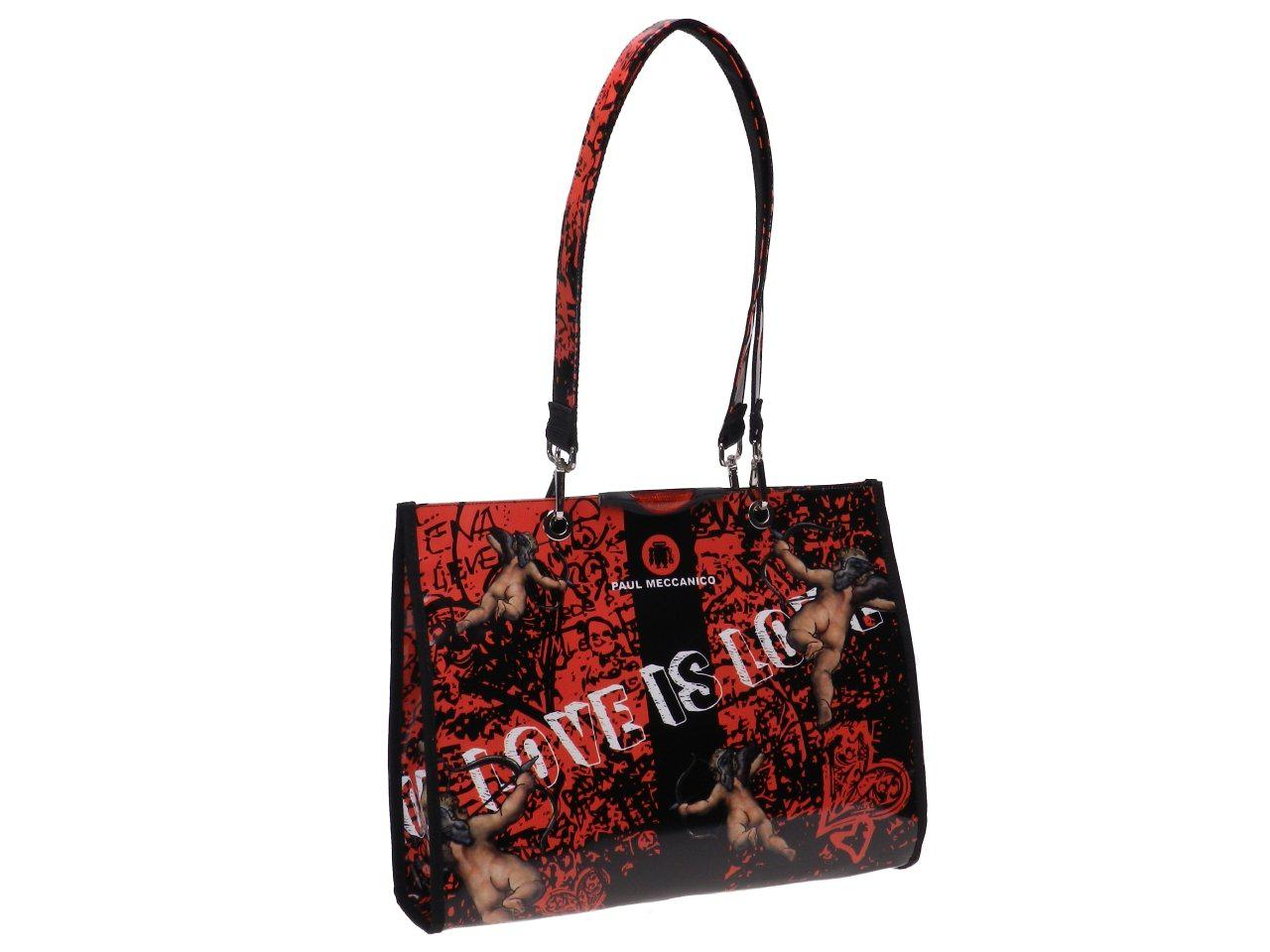 SHOPPER BAG RED AND BLACK COLOURS WITH ANGELS PRINT. PEPE MODEL MADE OF LORRY TARPAULIN. - Unique Pieces Paul Meccanico
