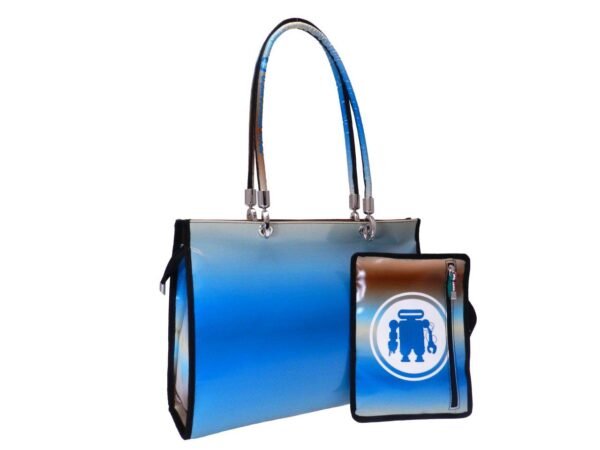 SHOPPER BAG SHADED EFFECT LIGHT BLUE AND BROWN COLOURS. PEPE MODEL MADE OF LORRY TARPAULIN. - Unique Pieces Paul Meccanico