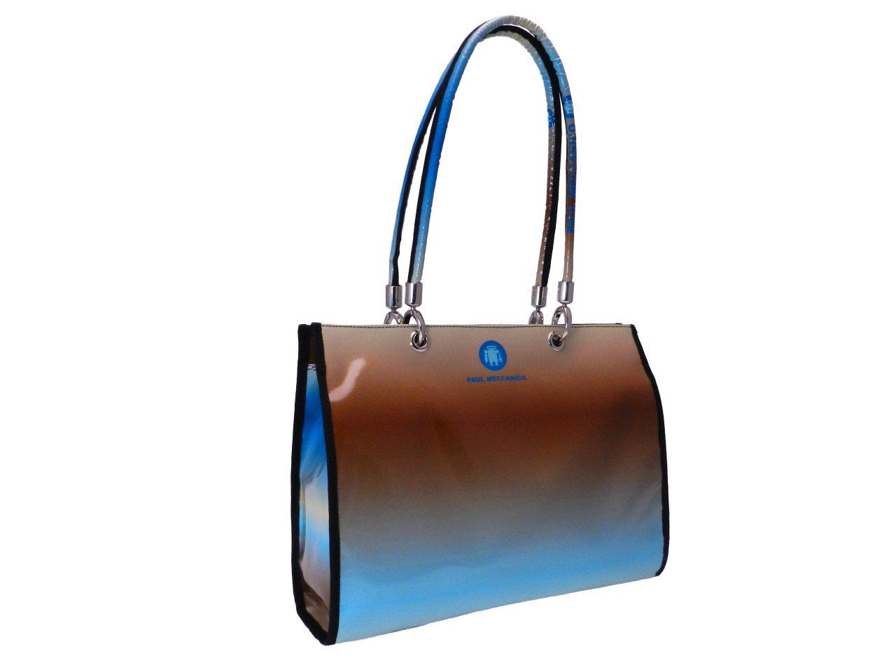 SHOPPER BAG SHADED EFFECT LIGHT BLUE AND BROWN COLOURS. PEPE MODEL MADE OF LORRY TARPAULIN. - Unique Pieces Paul Meccanico
