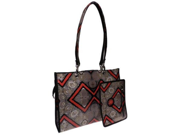 SHOPPER BAG TAUPE, BLACK AND RED COLOUR ETHNIC FANTASY. PEPE MODEL MADE OF LORRY TARPAULIN. - Unique Pieces Paul Meccanico
