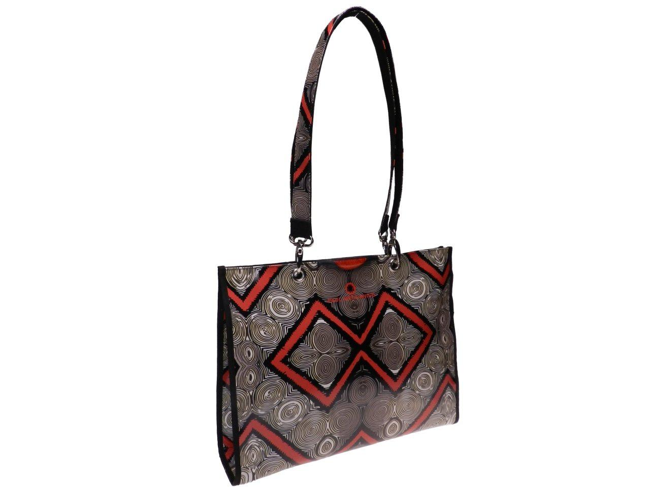 SHOPPER BAG TAUPE, BLACK AND RED COLOUR ETHNIC FANTASY. PEPE MODEL MADE OF LORRY TARPAULIN. - Unique Pieces Paul Meccanico