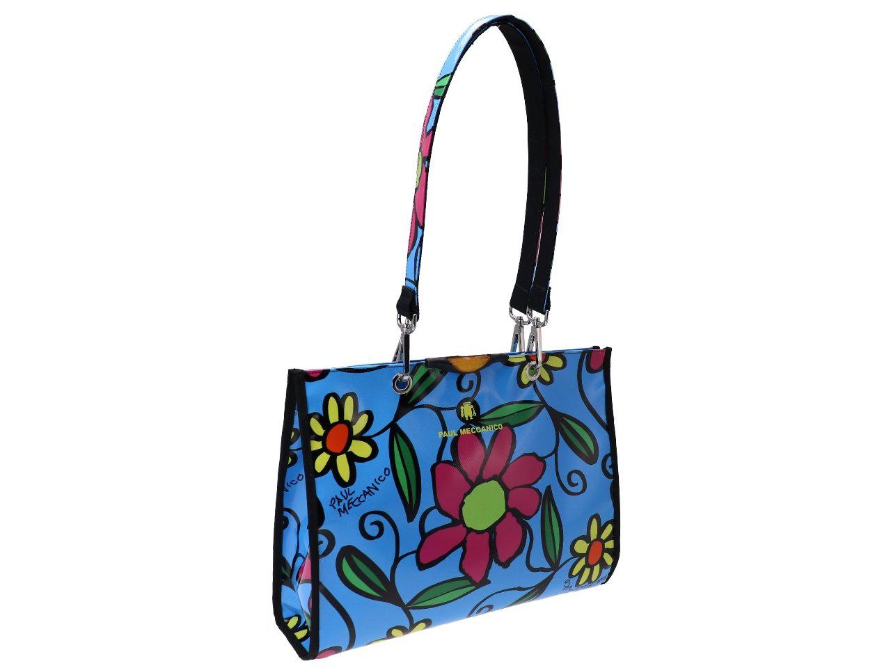 SHOPPER BAG TURQUOISE COLOUR FLORAL FANTASY. PEPE MODEL MADE OF LORRY TARPAULIN. - Unique Pieces Paul Meccanico