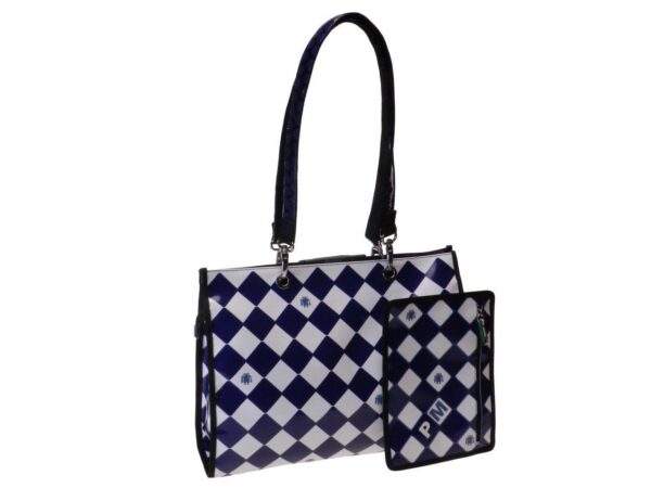 SHOPPER BAG WHITE AND BLUE COLOURS GEOMETRIC FANTASY. PEPE MODEL MADE OF LORRY TARPAULIN. - Unique Pieces Paul Meccanico