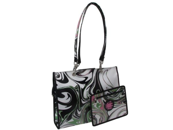 SHOPPER BAG WHITE, BLACK, PINK AND GREEN COLOURS ABSTRACT FANTASY. PEPE MODEL MADE OF LORRY TARPAULIN. - Unique Pieces Paul Meccanico