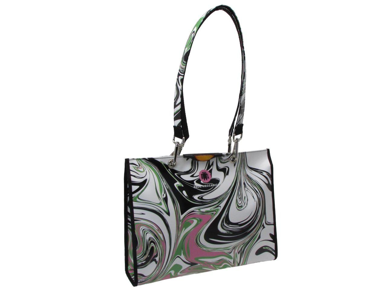 SHOPPER BAG WHITE, BLACK, PINK AND GREEN COLOURS ABSTRACT FANTASY. PEPE MODEL MADE OF LORRY TARPAULIN. - Unique Pieces Paul Meccanico