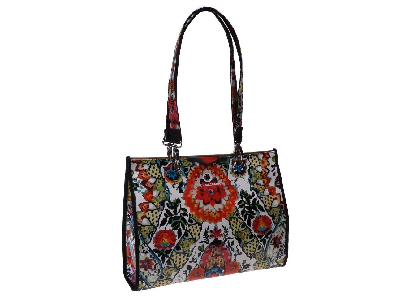 SHOPPER BAG WHITE COLOUR FLORAL FANTASY. PEPE MODEL MADE OF LORRY TARPAULIN. - Unique Pieces Paul Meccanico