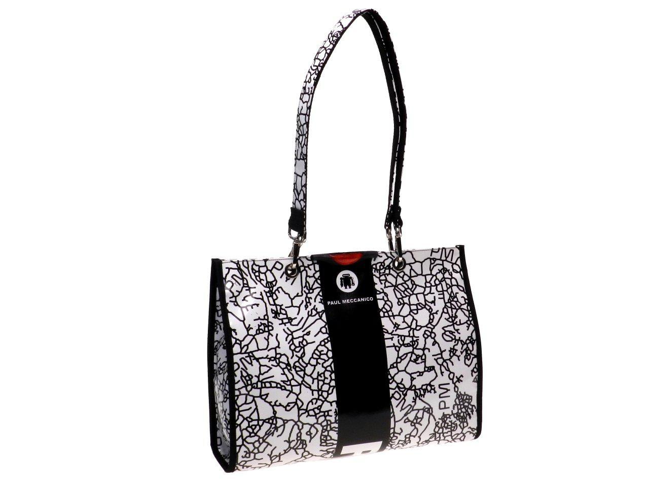 SHOPPER BAG WHITE COLOUR WITH LINES PATTERN. PEPE MODEL MADE OF LORRY TARPAULIN. - Unique Pieces Paul Meccanico