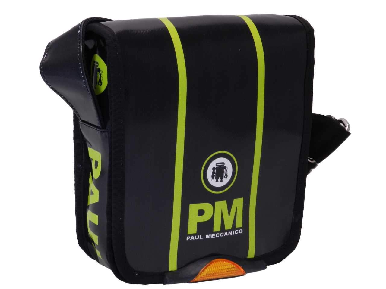 SHOULDER BAG BLACK AND FLUORESCENT GREEN COLOURS. MIPOK MODEL MADE OF LORRY TARPAULIN. - Unique Pieces Paul Meccanico